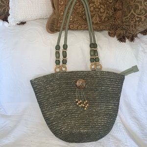 Wood beaded Sunnsand sage sea grass shoulder bag